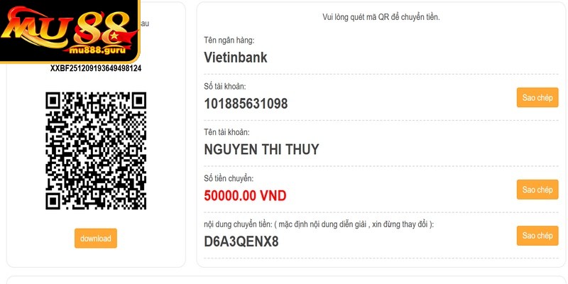 Nạp tiền MU88 vô cùng đơn giản và bảo mật tuyệt đối trực tuyến